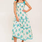 Flying Tomato Midnight Botanica woven midi dress in ivory and blue, featuring floral patterns and a flowing silhouette.