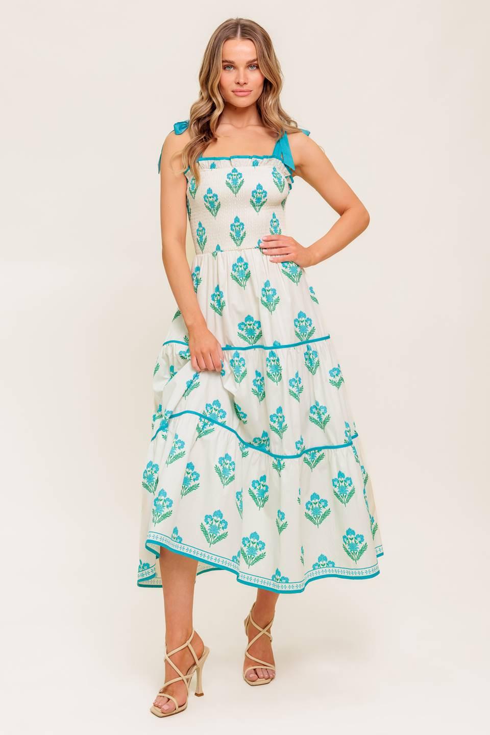 Flying Tomato Midnight Botanica woven midi dress in ivory and blue, featuring floral patterns and a flowing silhouette.