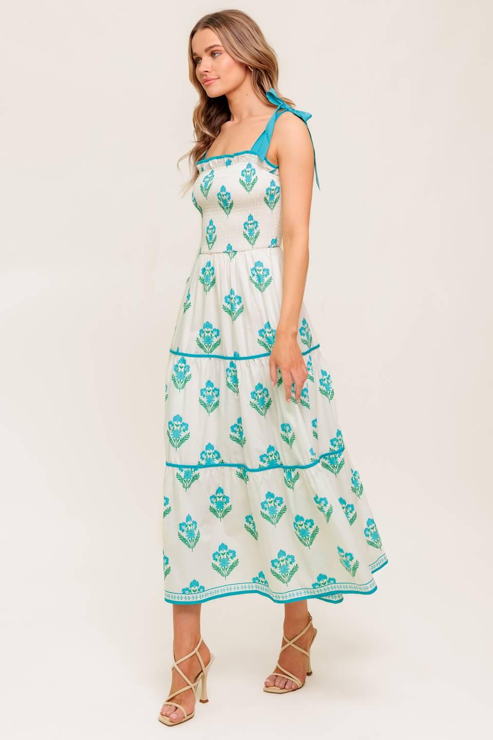 Flying Tomato Midnight Botanica woven midi dress in ivory and blue, featuring a flowing, patterned fabric perfect for casual or dressy wear.