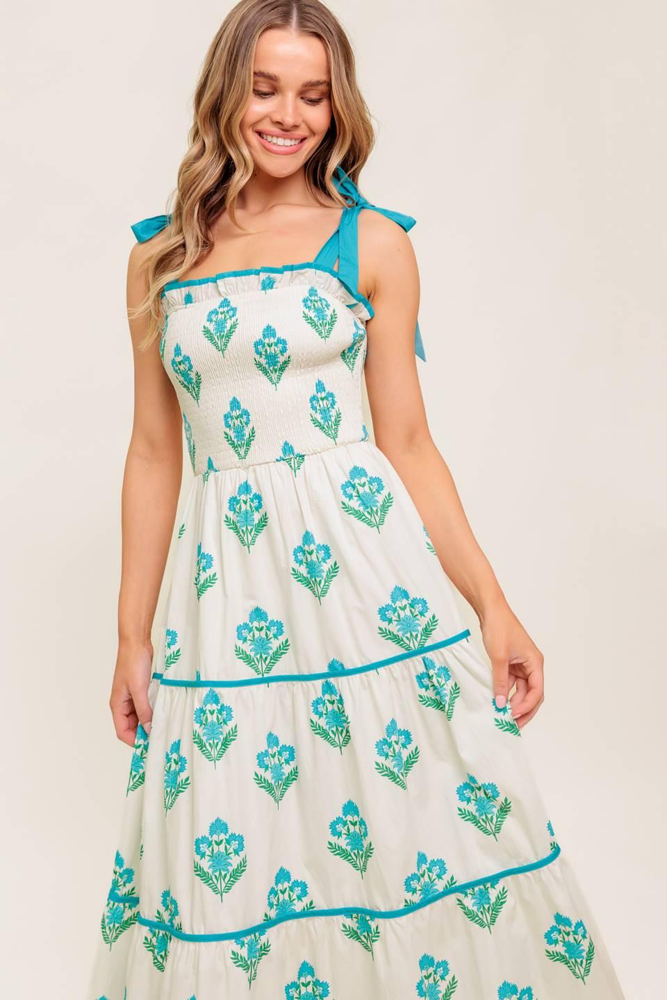 Flying Tomato Midnight Botanica woven midi dress in ivory and blue with floral pattern and relaxed fit.