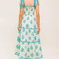 Flying Tomato Midnight Botanica woven midi dress in ivory and blue, showcasing elegant floral pattern and lightweight fabric.