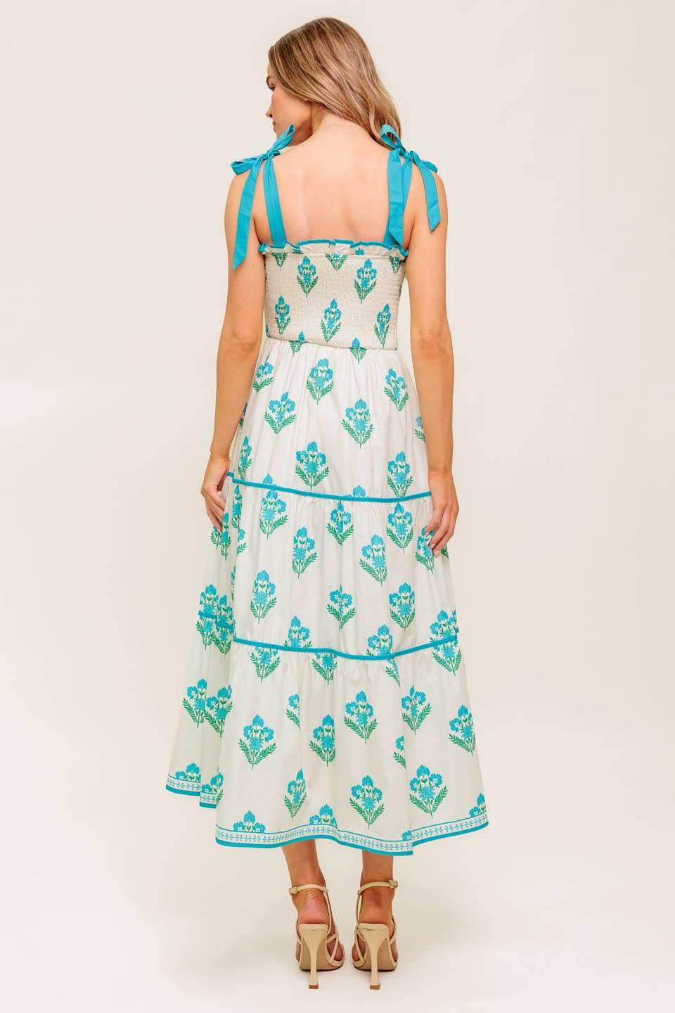 Flying Tomato Midnight Botanica woven midi dress in ivory and blue, showcasing elegant floral pattern and lightweight fabric.