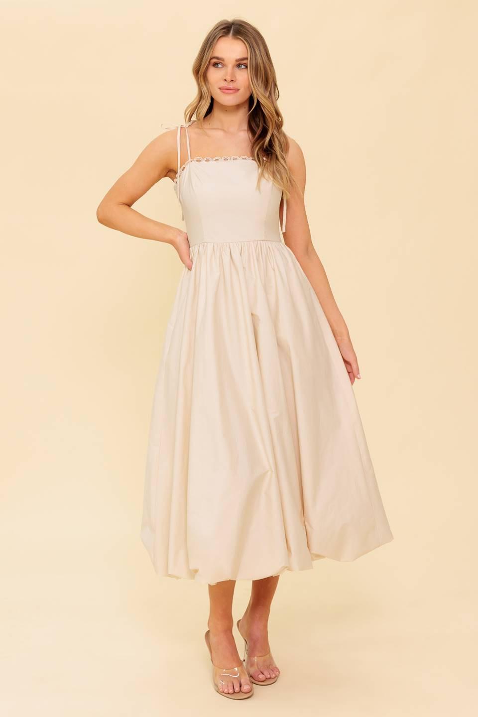 Cream woven midi dress from Flying Tomato's Regal Cutie collection, featuring a stylish, flowy design and lightweight fabric.