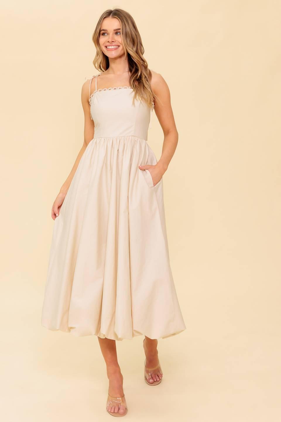 Cream woven midi dress by Flying Tomato featuring a stylish, comfortable design perfect for casual or semi-formal occasions.