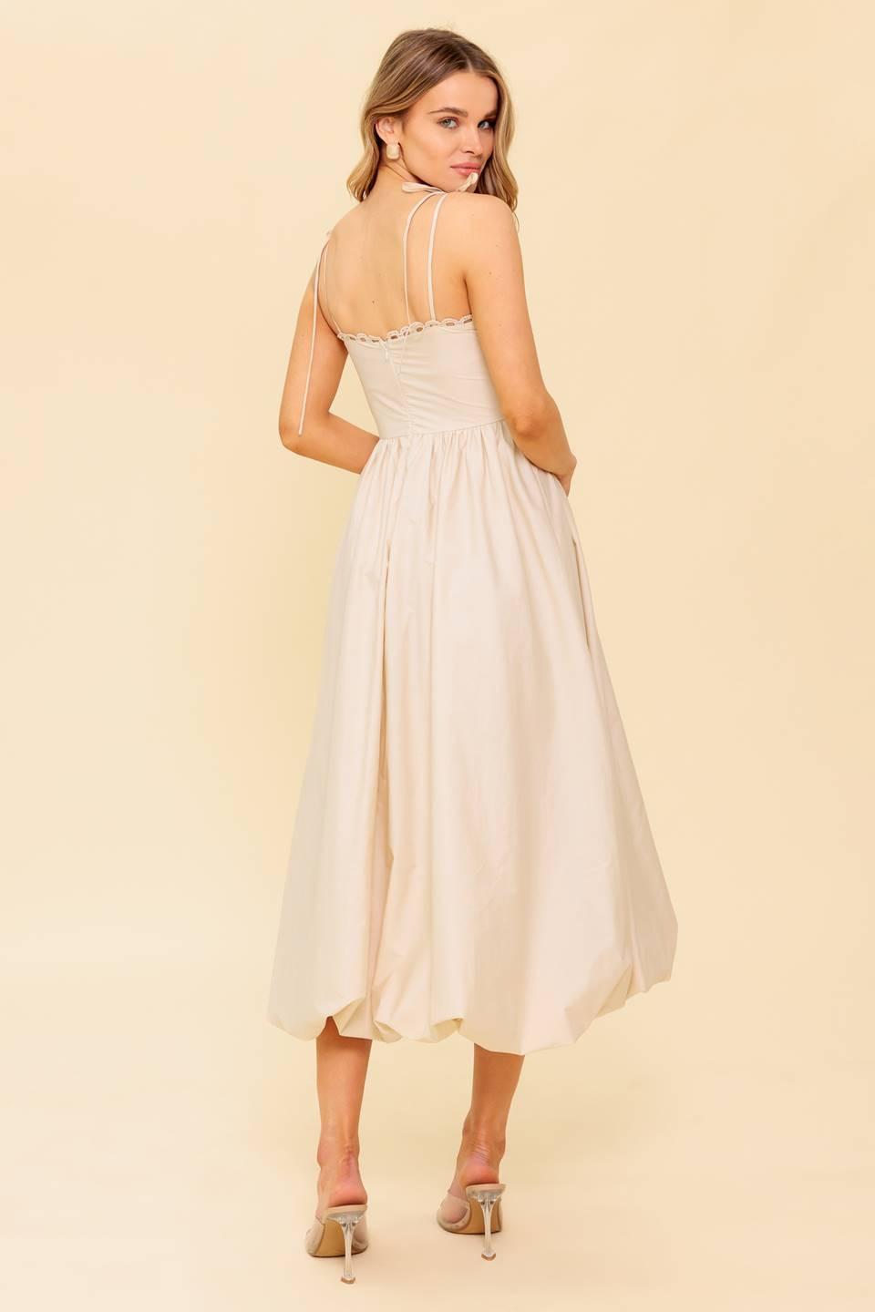 Cream woven midi dress by Flying Tomato featuring a fitted bodice and flowy skirt, perfect for casual or semi-formal occasions.