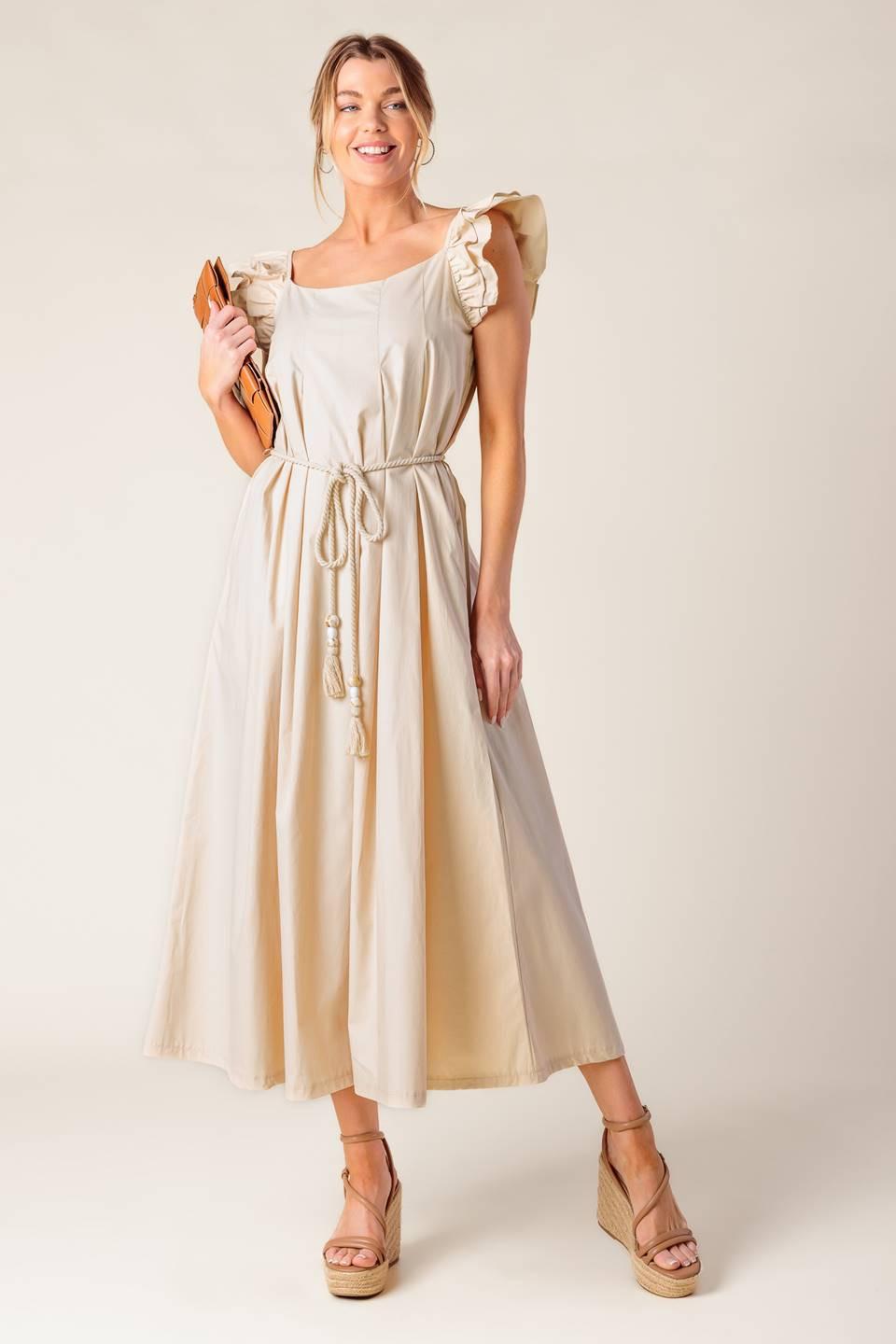 Flying Tomato Champagne Toast taupe woven midi dress, stylish sleeveless dress with a fitted waist and elegant midi length.