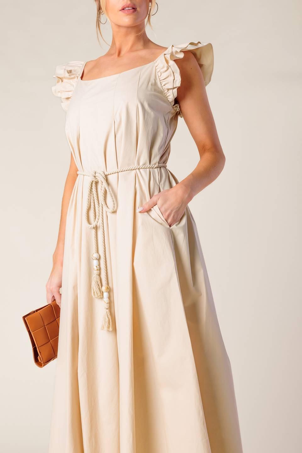 Flying Tomato Champagne Toast taupe woven midi dress with a stylish, sleeveless design and a fitted silhouette.