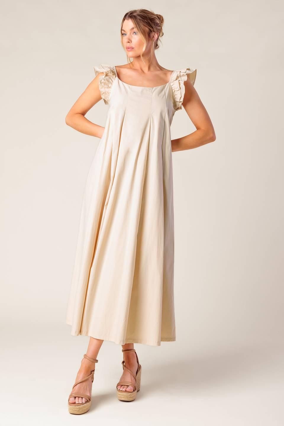 Taupe woven midi dress by Flying Tomato featuring a stylish champagne toast design and a comfortable, elegant fit.