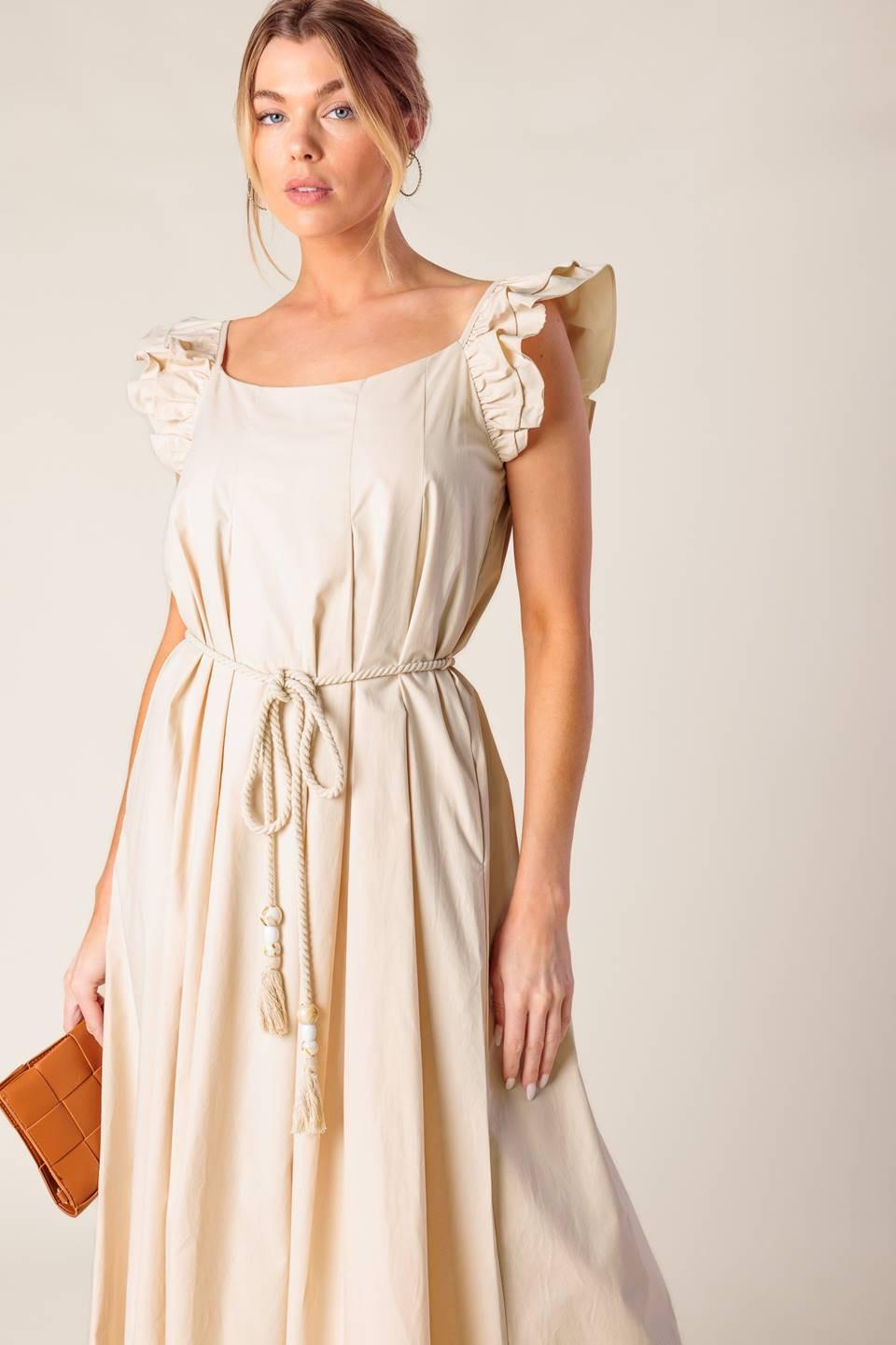 Taupe woven midi dress by Flying Tomato featuring a stylish design, perfect for elegant occasions.