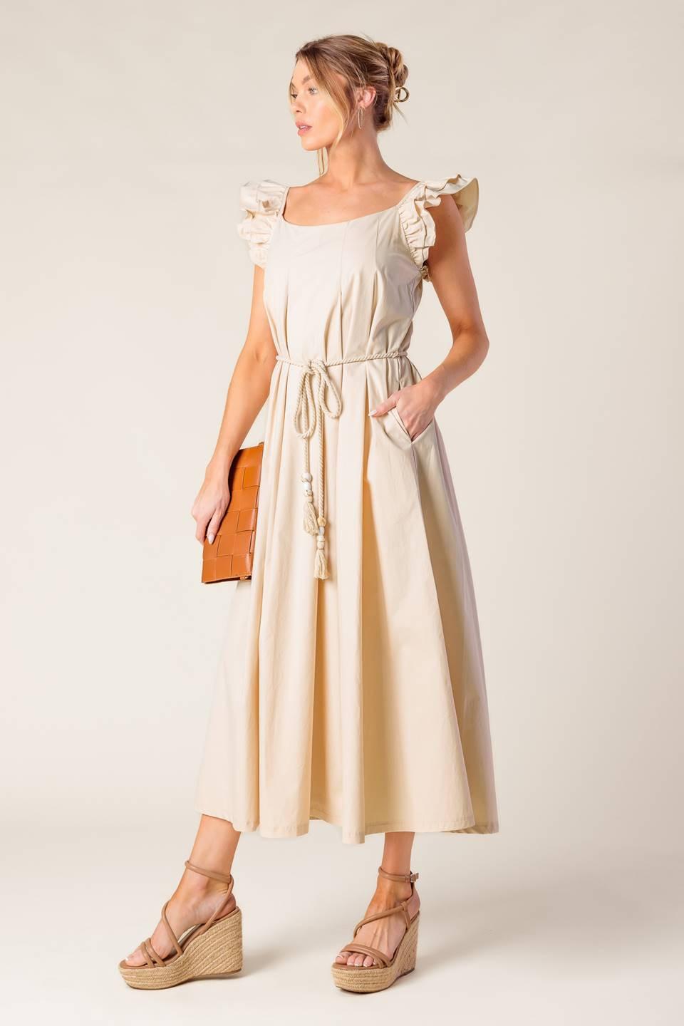 Taupe woven midi dress from Flying Tomato's Champagne Toast collection, featuring a stylish, textured fabric and elegant design.