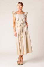 Flying Tomato Champagne Toast taupe woven midi dress, stylish sleeveless dress with a flowy silhouette and elegant design.