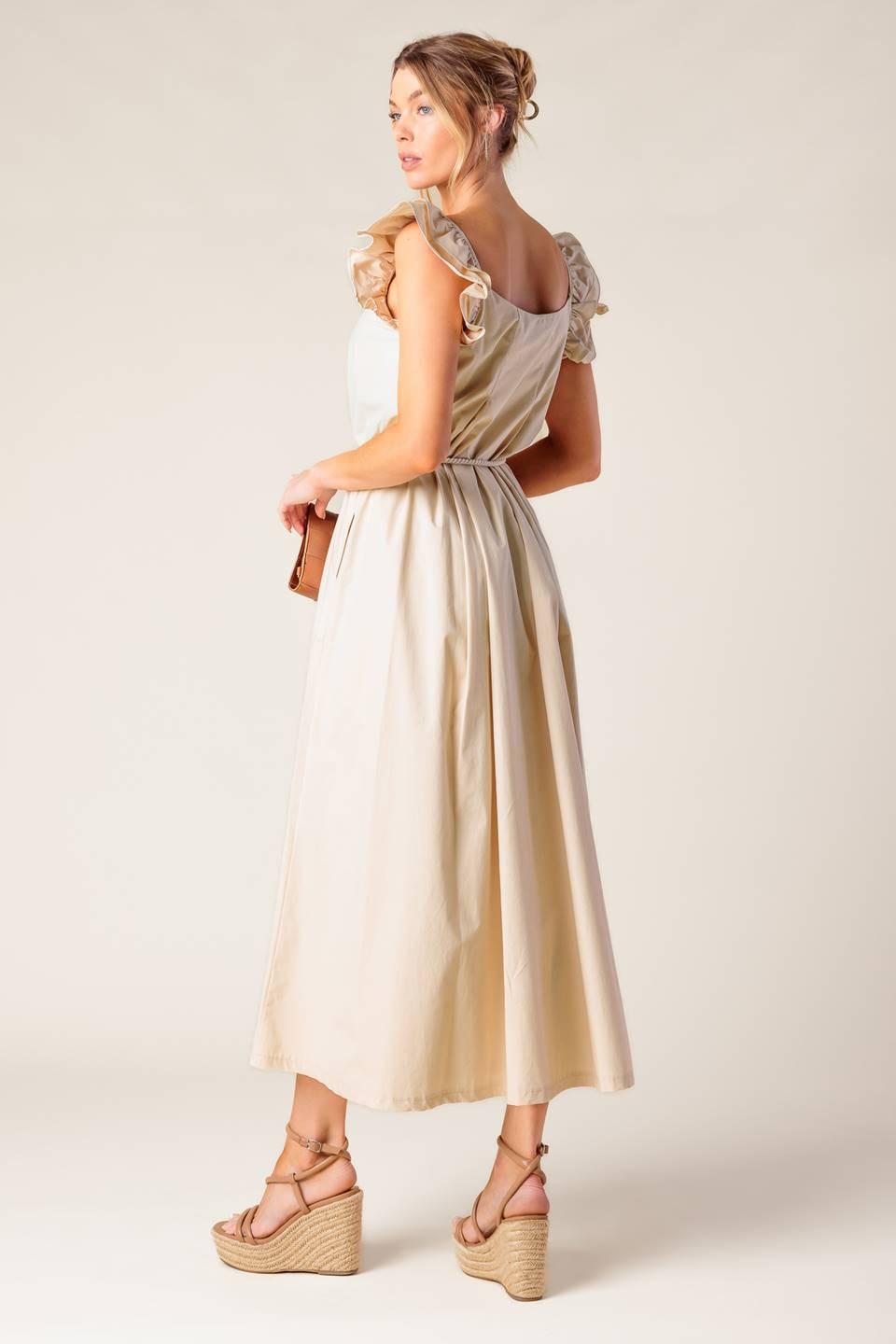 Flying Tomato Champagne Toast taupe woven midi dress, stylish and elegant with a fitted waist and flowing skirt, perfect for special occasions.