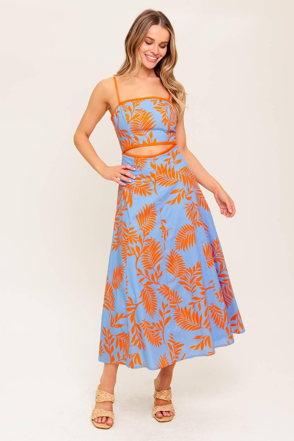 Flying Tomato Apricot Sunset woven midi dress in blue and orange with a flowing, stylish design perfect for casual or semi-formal wear.