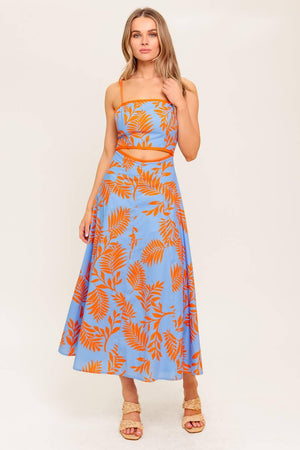 Flying Tomato apricot sunset woven midi dress with blue and orange patterns, flowing fabric and sleeveless design.