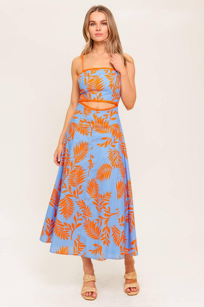 Flying Tomato apricot sunset woven midi dress with blue and orange patterns, flowing fabric and sleeveless design.