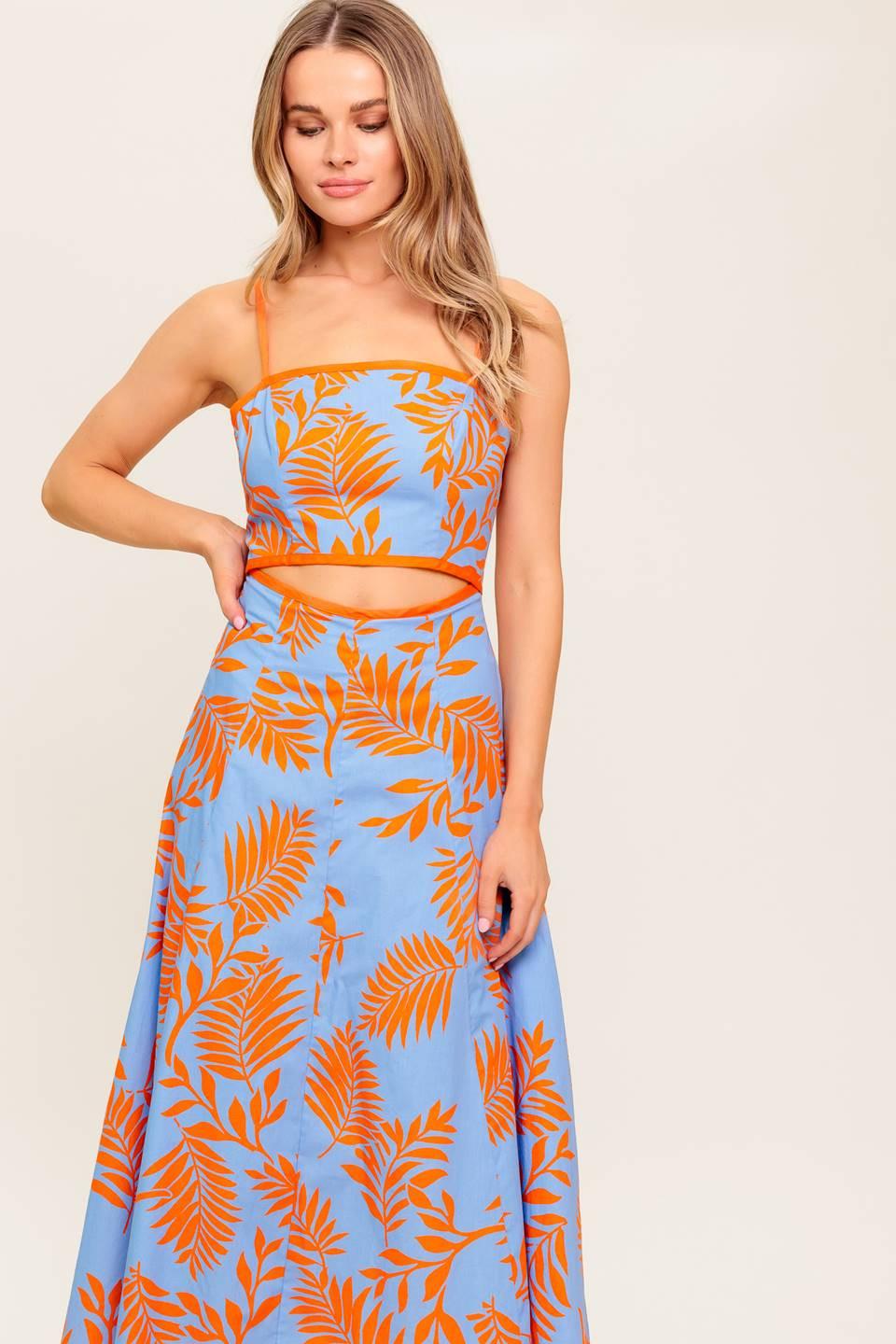 Flying Tomato apricot sunset woven midi dress in blue and orange with a flowing, bohemian design.