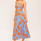 Flying Tomato apricot sunset woven midi dress in blue and orange with a relaxed fit and intricate woven pattern.