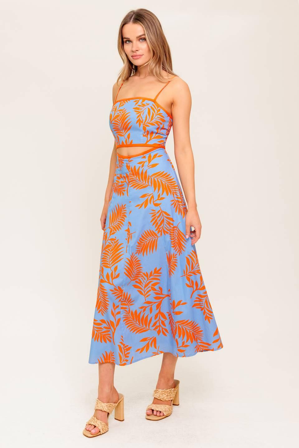 Flying Tomato apricot sunset woven midi dress in blue and orange with a relaxed fit and intricate woven pattern.