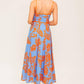 Flying Tomato apricot sunset woven midi dress in blue and orange with a flowy, bohemian style fabric.