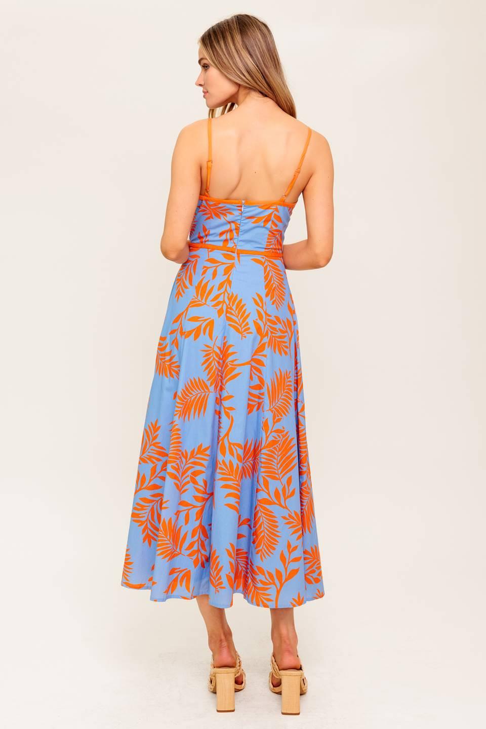 Flying Tomato apricot sunset woven midi dress in blue and orange with a flowy, bohemian style fabric.