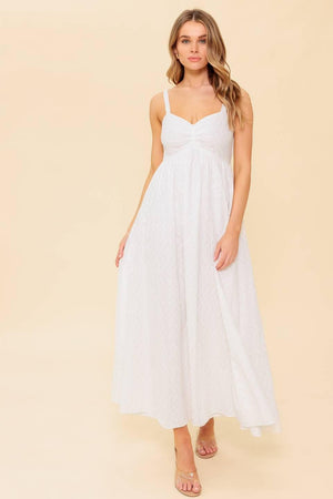Flying Tomato ivory eyelet midi dress featuring delicate eyelet details and a stylish, feminine silhouette.