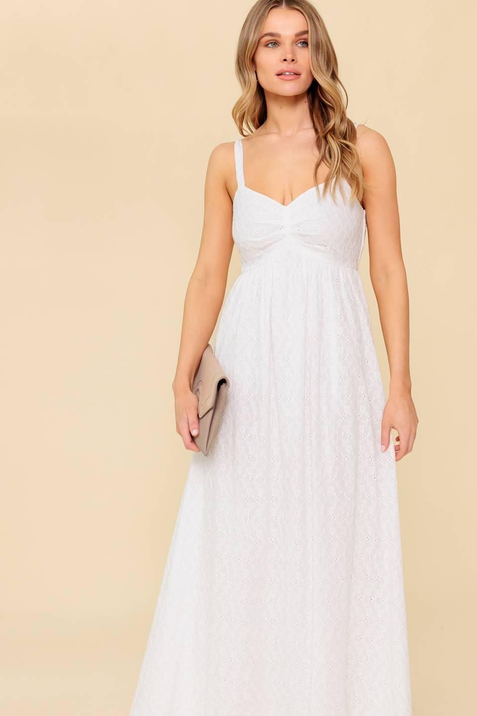 Flying Tomato ivory eyelet midi dress featuring delicate eyelet fabric and a flattering midi length, perfect for elegant occasions.