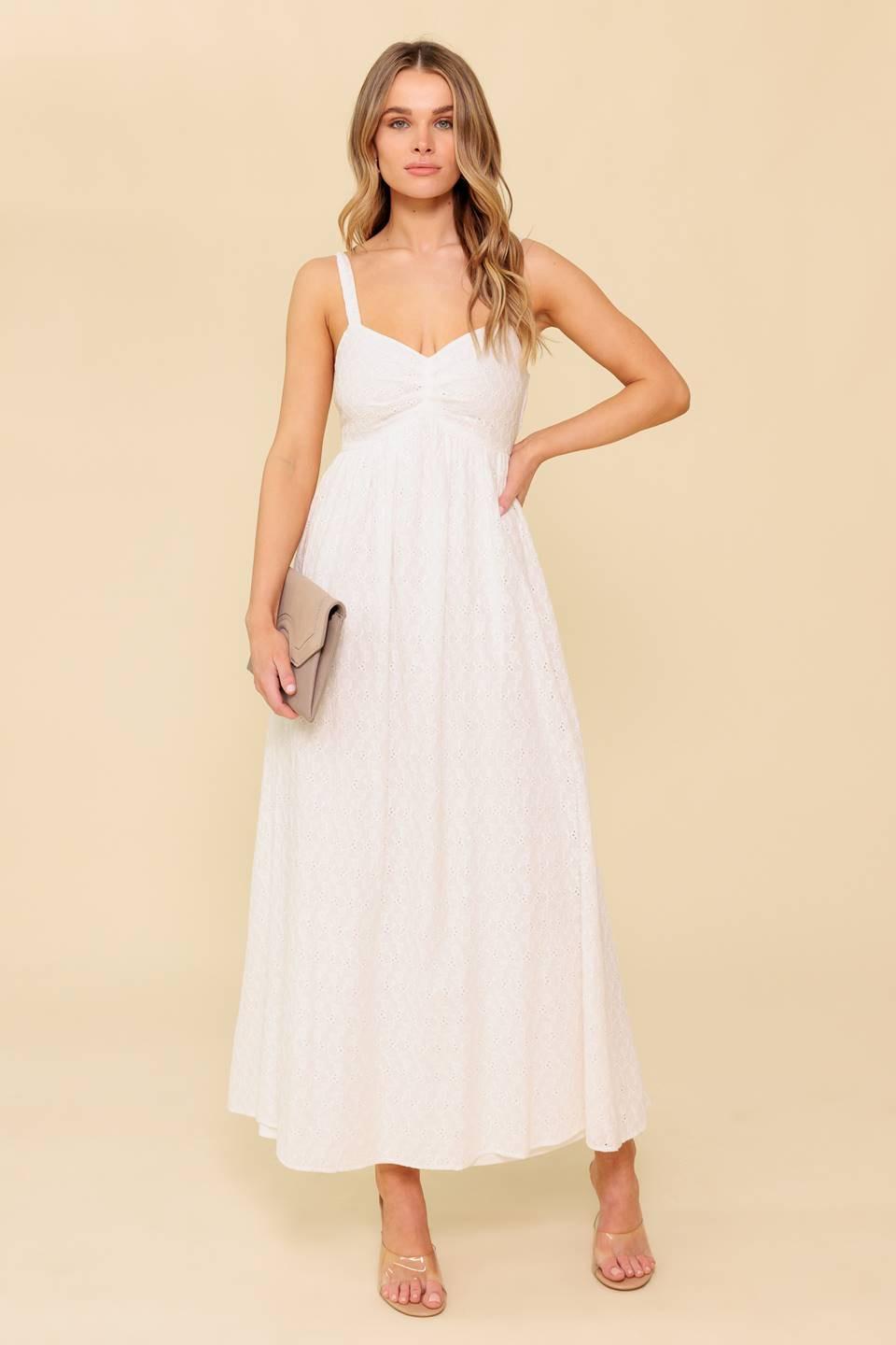 Flying Tomato ivory eyelet midi dress from the Love of Mine collection, featuring delicate eyelet details and a flowing silhouette.