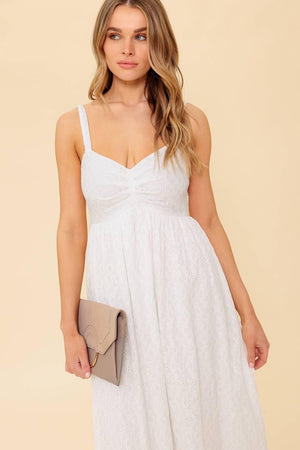 Flying Tomato ivory eyelet midi dress, lightweight sleeveless dress with delicate eyelet details and a flattering silhouette.