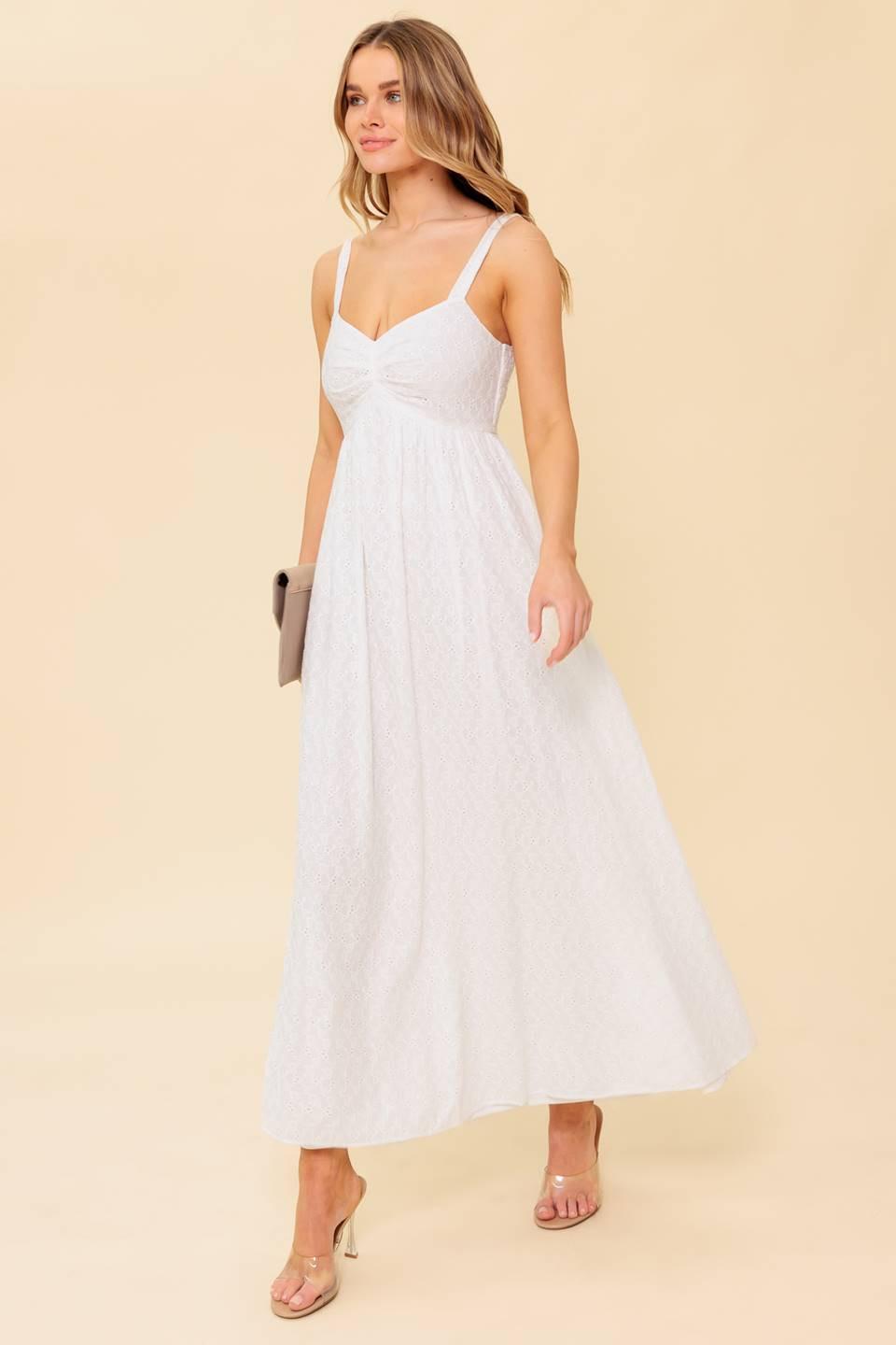 Flying Tomato ivory eyelet midi dress with short sleeves and fitted waist, styled for casual or semi-formal occasions.