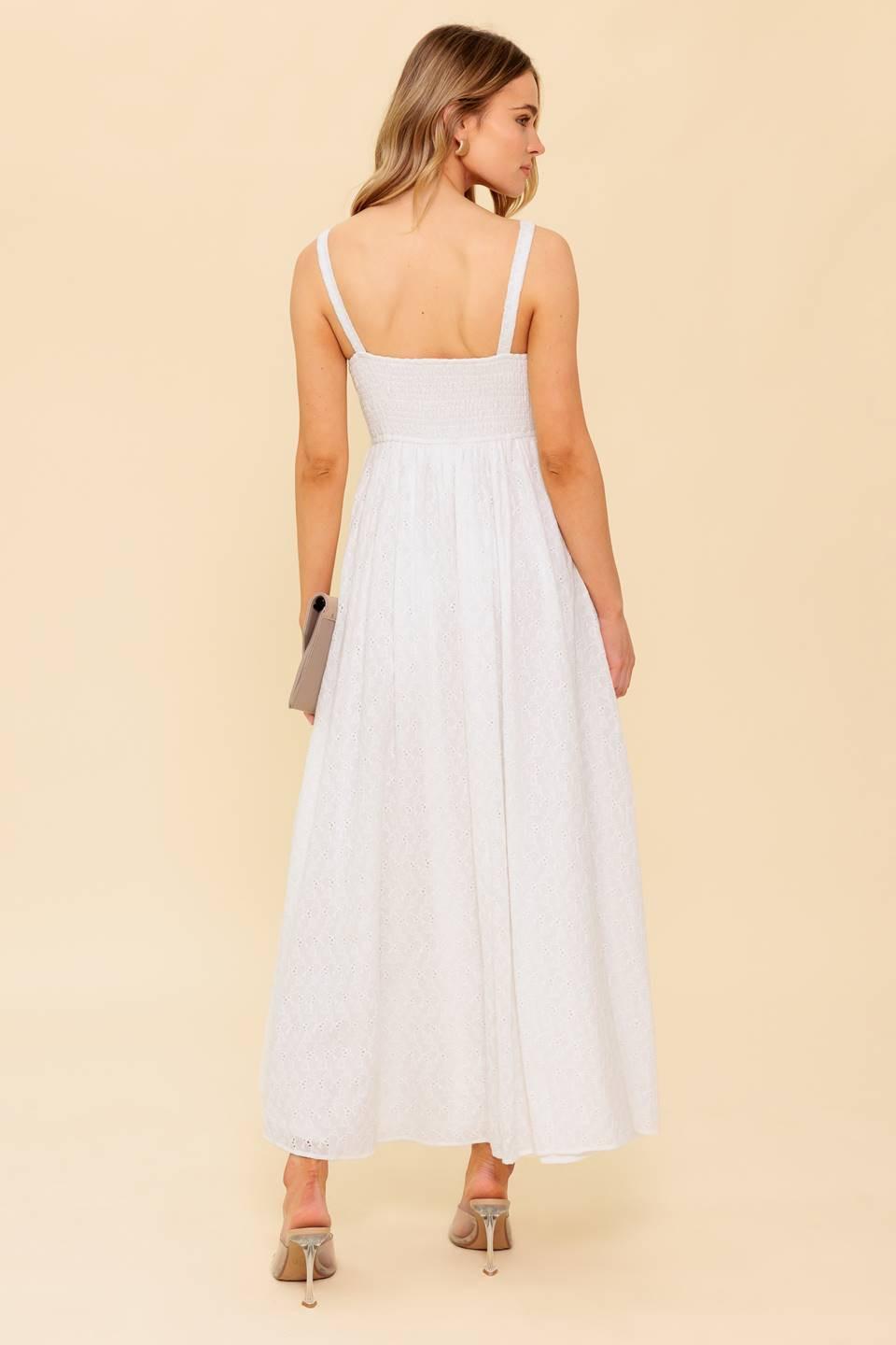 Flying Tomato ivory eyelet midi dress with delicate eyelet details and a flowing silhouette, perfect for elegant occasions.
