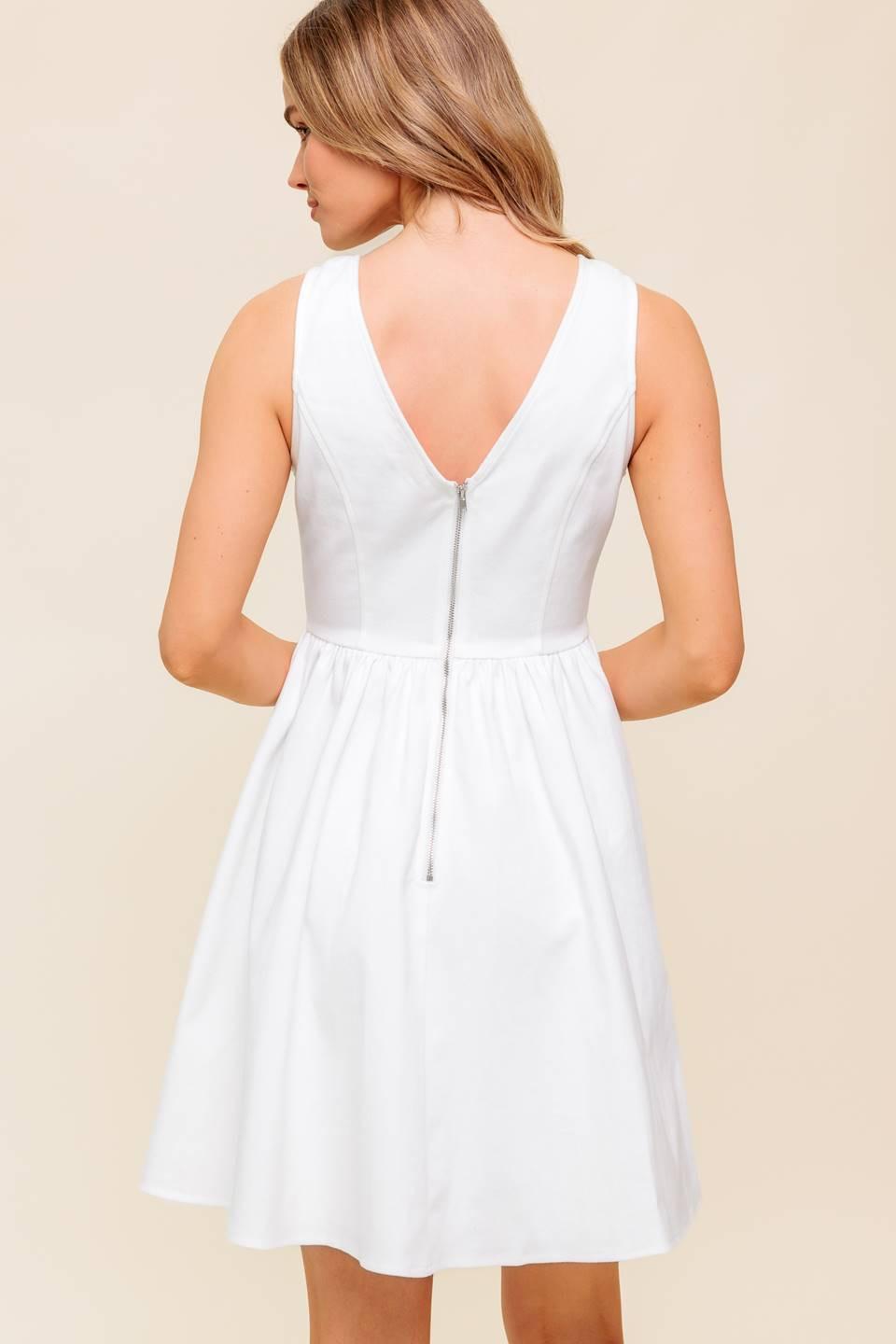 Flying Tomato Lovable Spirit white denim woven mini dress, stylish sleeveless dress with a fitted waist and casual summer look.