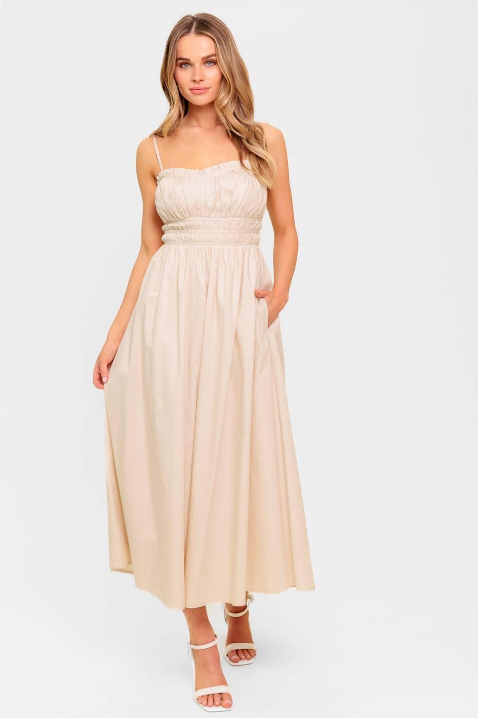 Flying Tomato Honey Sunset cream woven midi dress, lightweight fabric, sleeveless design, perfect for summer wear.