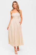 Flying Tomato Honey Sunset cream woven midi dress, lightweight fabric, sleeveless design, perfect for summer wear.