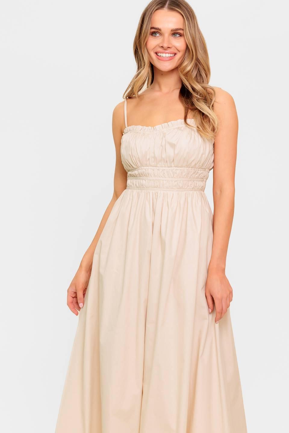 Flying Tomato Honey Sunset cream woven midi dress, featuring a flowy silhouette and intricate fabric details.