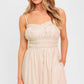 Cream woven midi dress by Flying Tomato featuring honey sunset print, flowing fabric, and stylish sleeveless design.