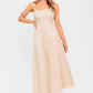 Cream woven midi dress from Flying Tomato with honey sunset pattern, featuring a flowing silhouette and sleeveless design.