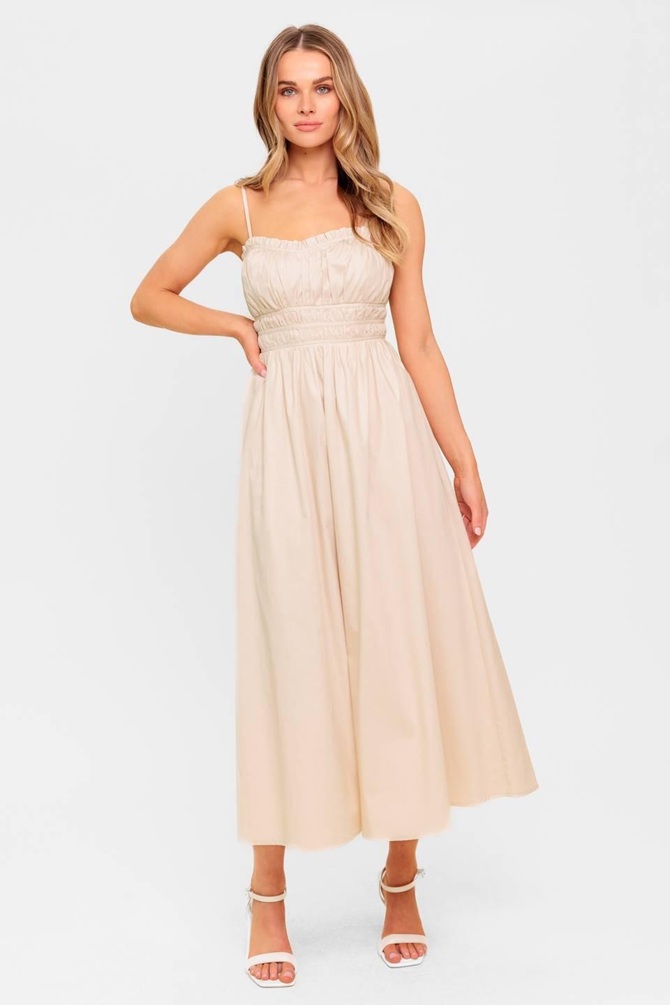 Cream woven midi dress from Flying Tomato with honey sunset pattern, featuring a flowing silhouette and sleeveless design.