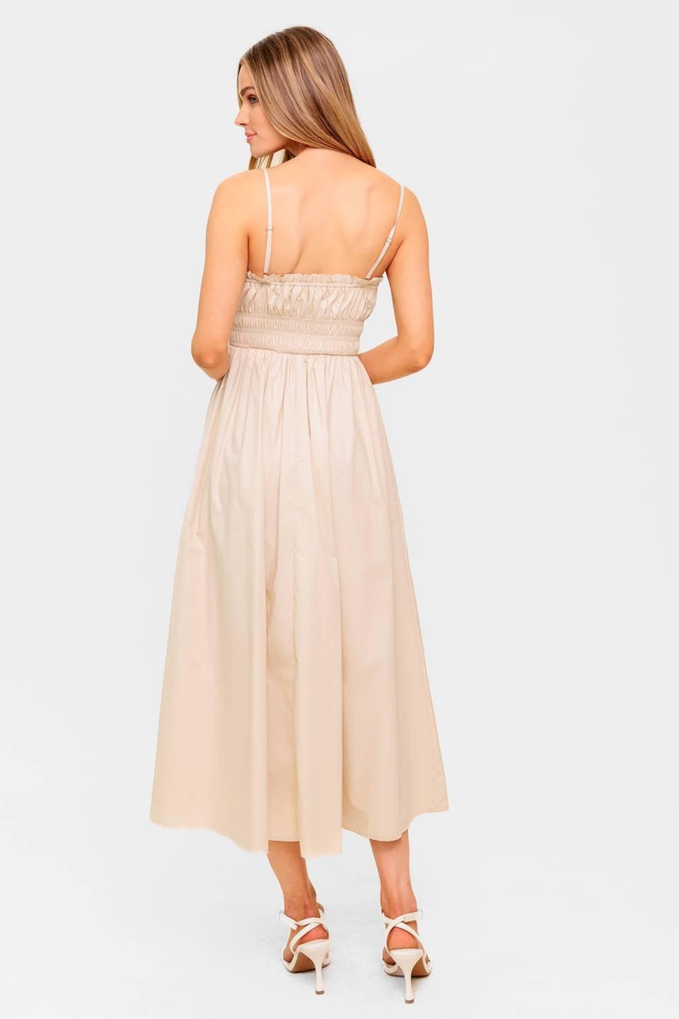 Flying Tomato Honey Sunset Cream Woven Midi Dress, stylish sleeveless dress with a flowing silhouette and intricate woven fabric.