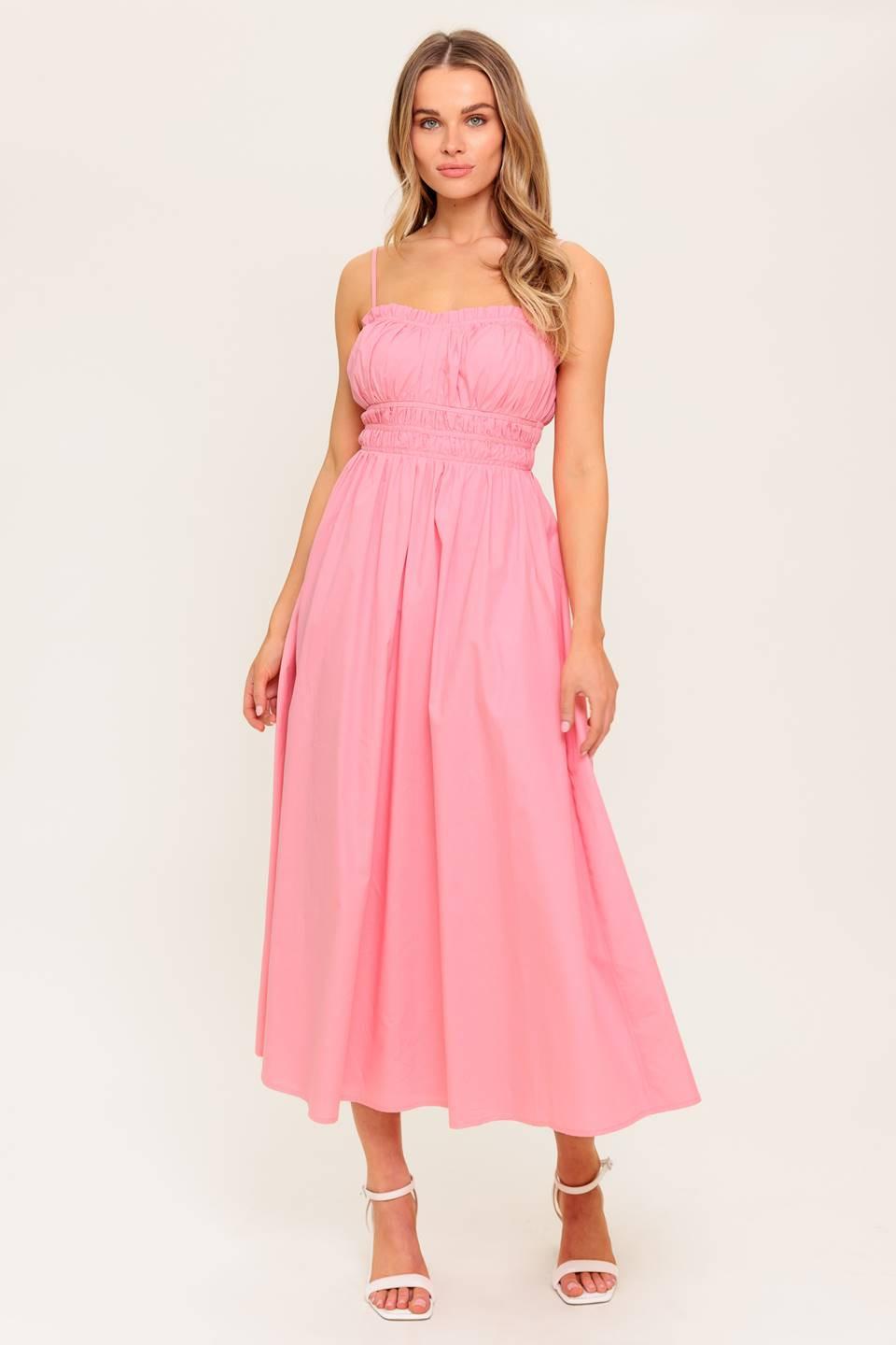 Flying Tomato Honey Sunset Pink woven midi dress, sleeveless with a flowy silhouette and intricate woven fabric details.