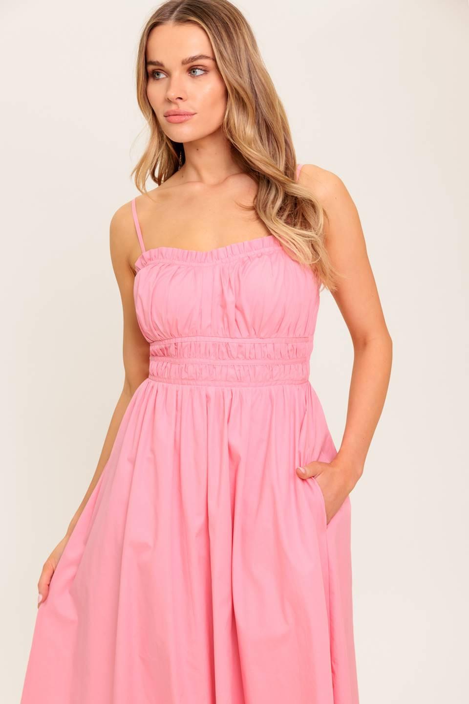 Pink woven midi dress from Flying Tomato's Honey Sunset collection, featuring a stylish, flowy design perfect for summer.
