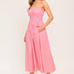 Pink woven midi dress from Flying Tomato with honey sunset pattern, featuring a relaxed fit and stylish design.