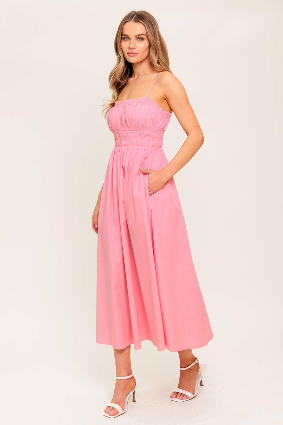 Pink woven midi dress from Flying Tomato with honey sunset pattern, featuring a relaxed fit and stylish design.