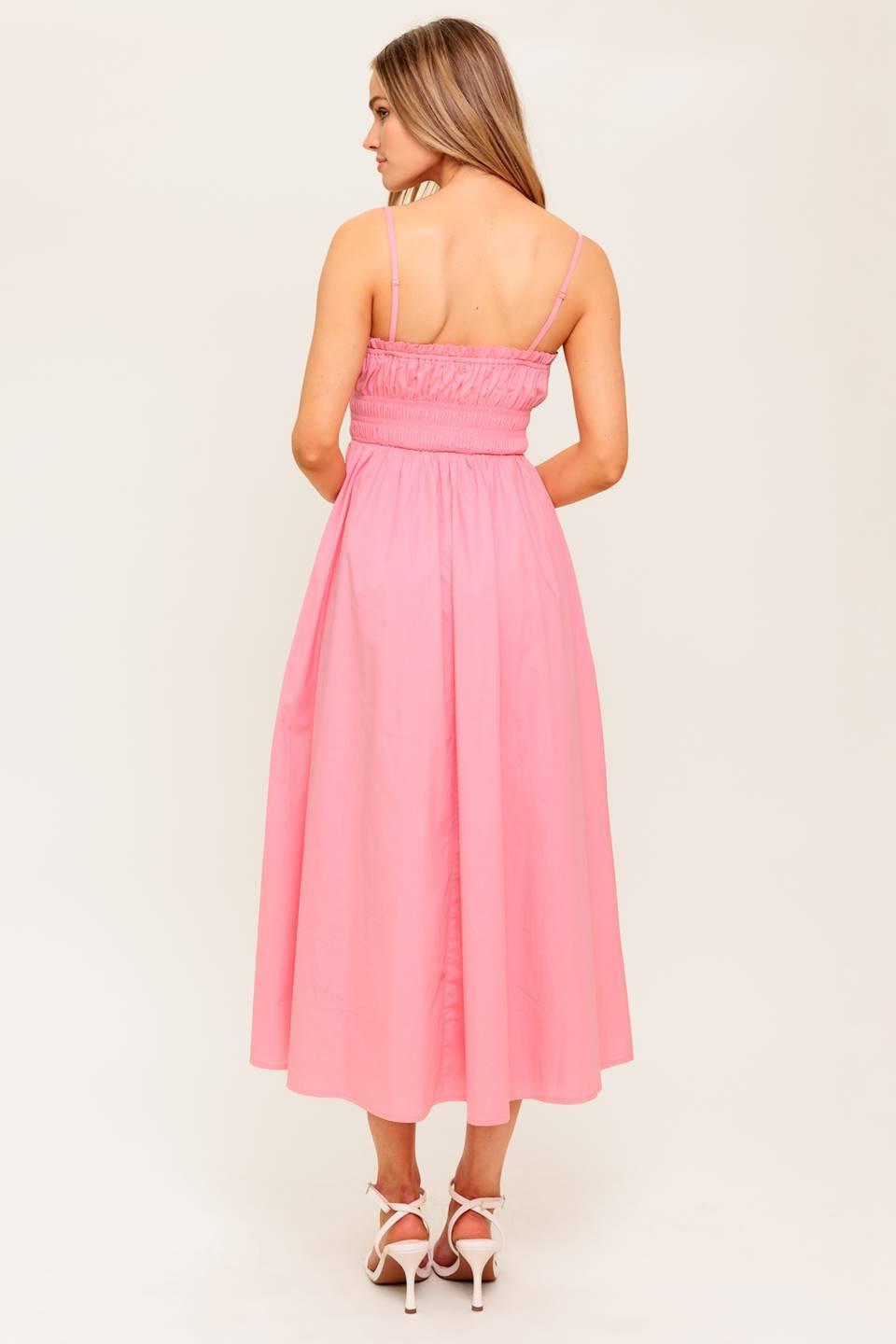 Pink woven midi dress by Flying Tomato featuring honey sunset-inspired colors and a stylish, flowing design.