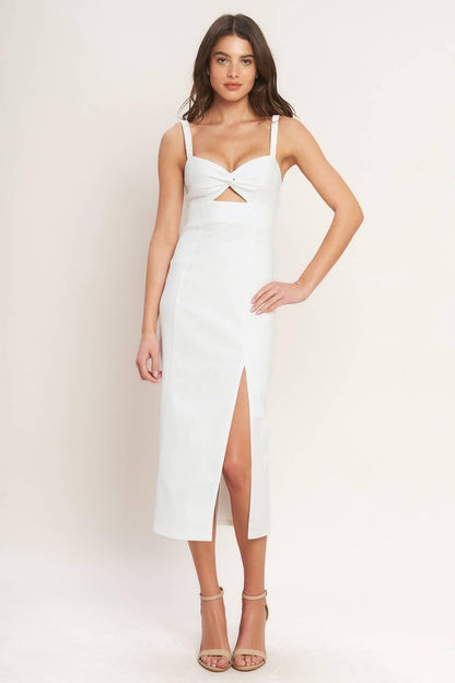 White denim Silent Shin Twill Midi Dress by Flying Tomato, showcasing a stylish, button-front design with a fitted waist and midi length.