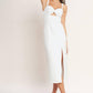 Flying Tomato silent shin twill midi dress in white denim, featuring a stylish knee-length design and relaxed fit.