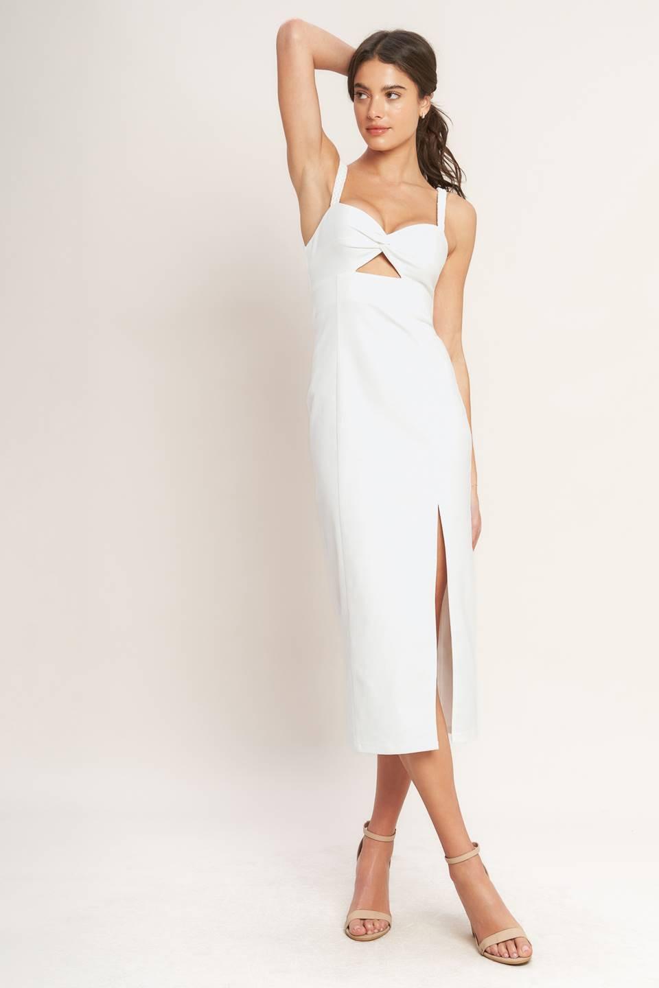Flying Tomato silent shin twill midi dress in white denim, featuring a stylish knee-length design and relaxed fit.