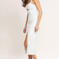 Flying Tomato silent shin twill midi dress in white denim, featuring a stylish, comfortable design perfect for casual wear.