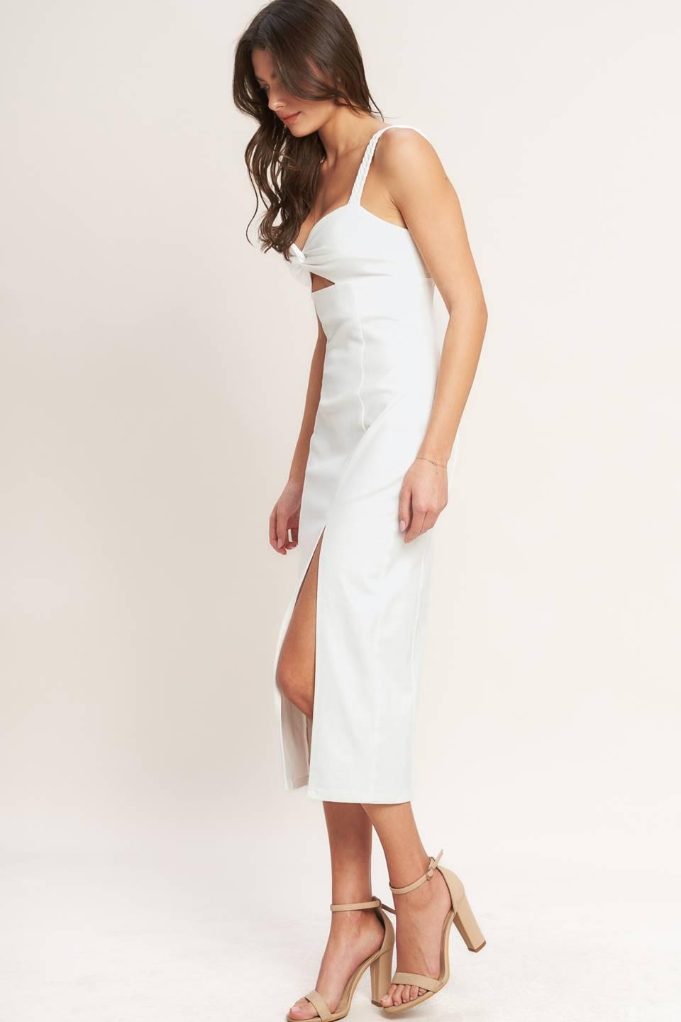 Flying Tomato silent shin twill midi dress in white denim, featuring a stylish, comfortable design perfect for casual wear.
