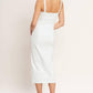 White denim Silent Shin Twill Midi Dress by Flying Tomato, showcasing a stylish, casual dress with a fitted waist and midi length.