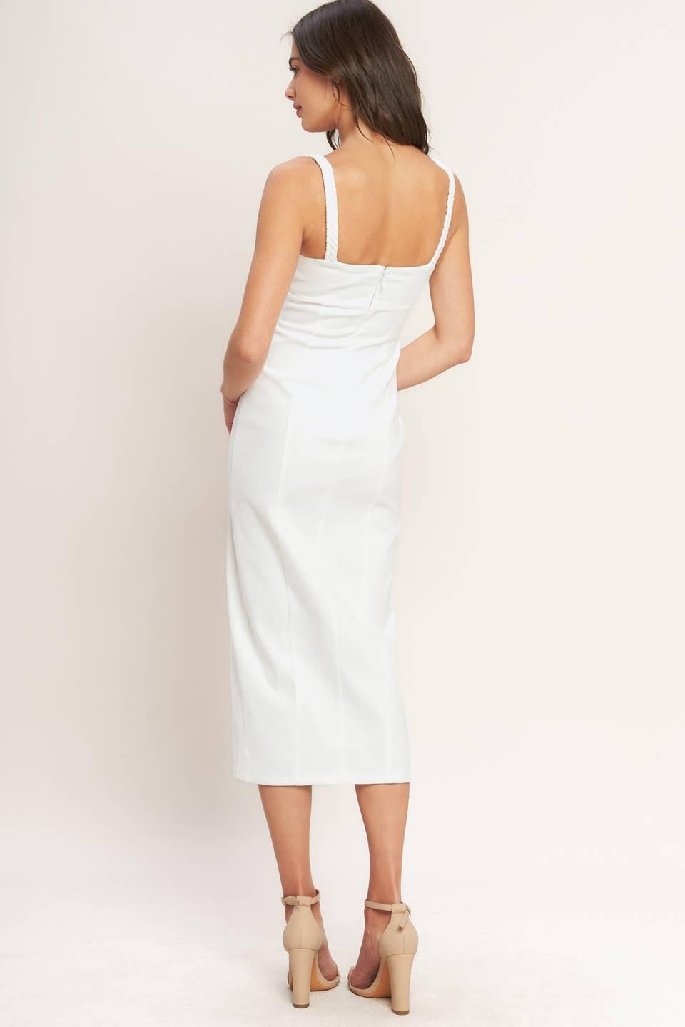 White denim Silent Shin Twill Midi Dress by Flying Tomato, showcasing a stylish, casual dress with a fitted waist and midi length.